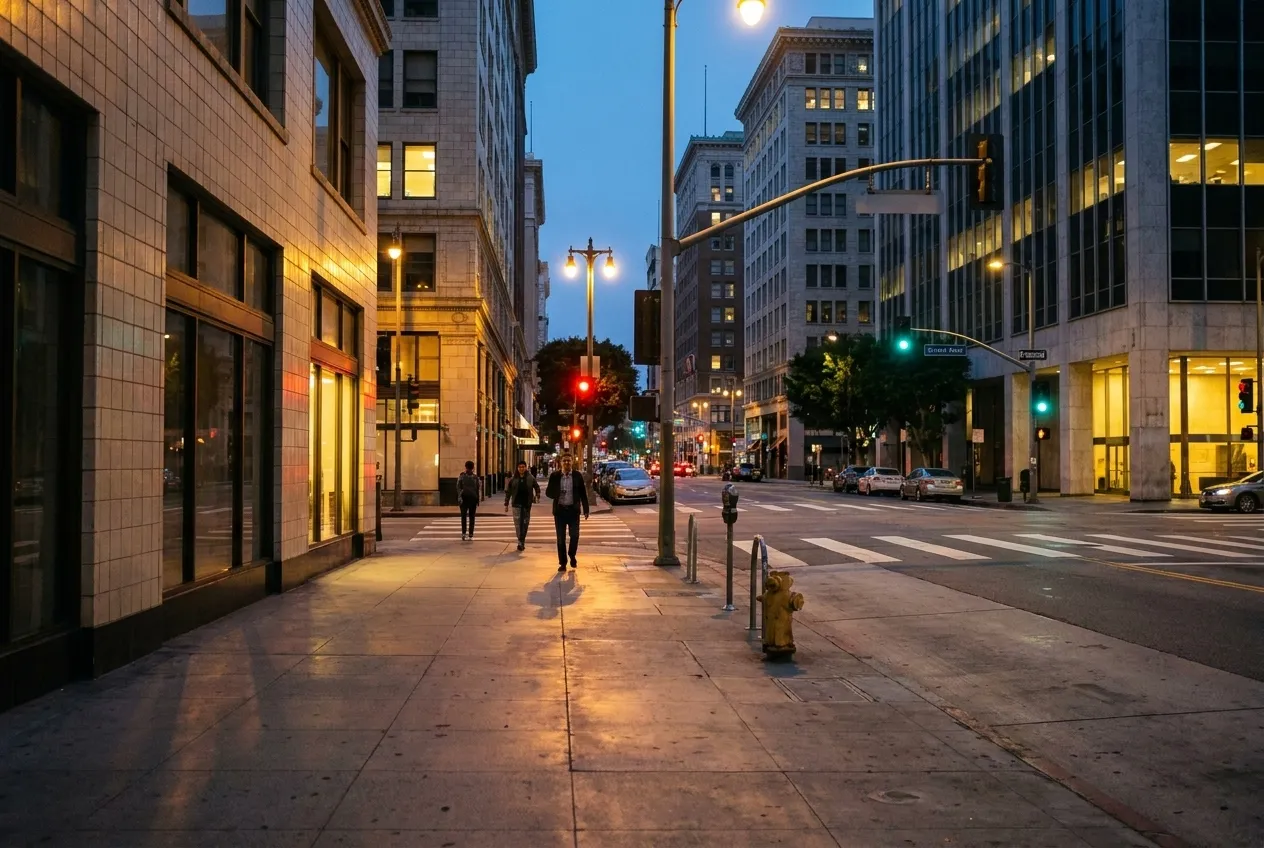 7th Street in Downtown Los Angeles at dusk with office buildings, lit storefronts, pedestrians on sidewalk, and traffic signals visible ahead
