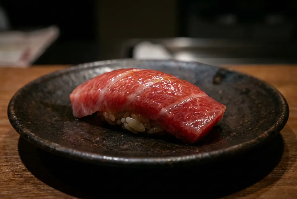 Fatty bluefin tuna nigiri with marbled red flesh over rice on dark ceramic plate, photographed against black background with dramatic lighting
