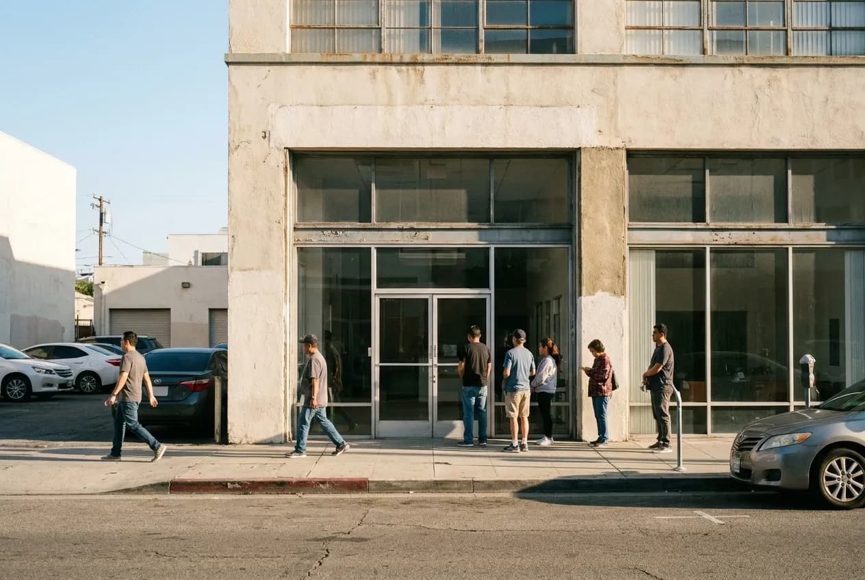 People waiting outside Honda Plaza entrance on East 2nd Street in Little Tokyo, Los Angeles, before lunch service opens.