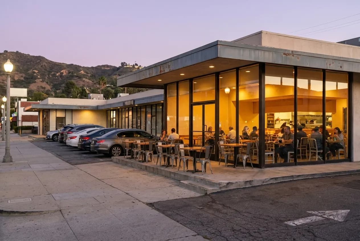 Strip mall restaurant exterior on Ventura Boulevard at dusk with lit windows and parked cars in Sherman Oaks