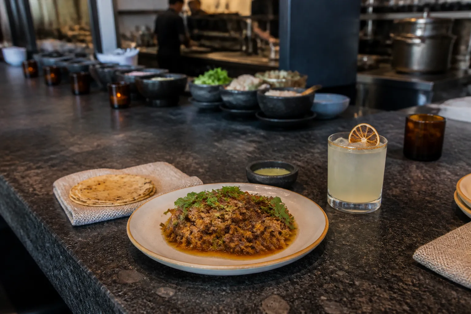 Modern Mexican dining counter setup at Damian in the LA Arts District.