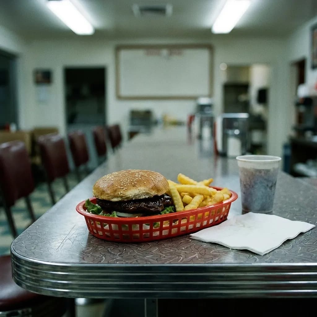 A burger and fries in a red plastic basket on a formica counter at three in the morning under hard fluorescent light