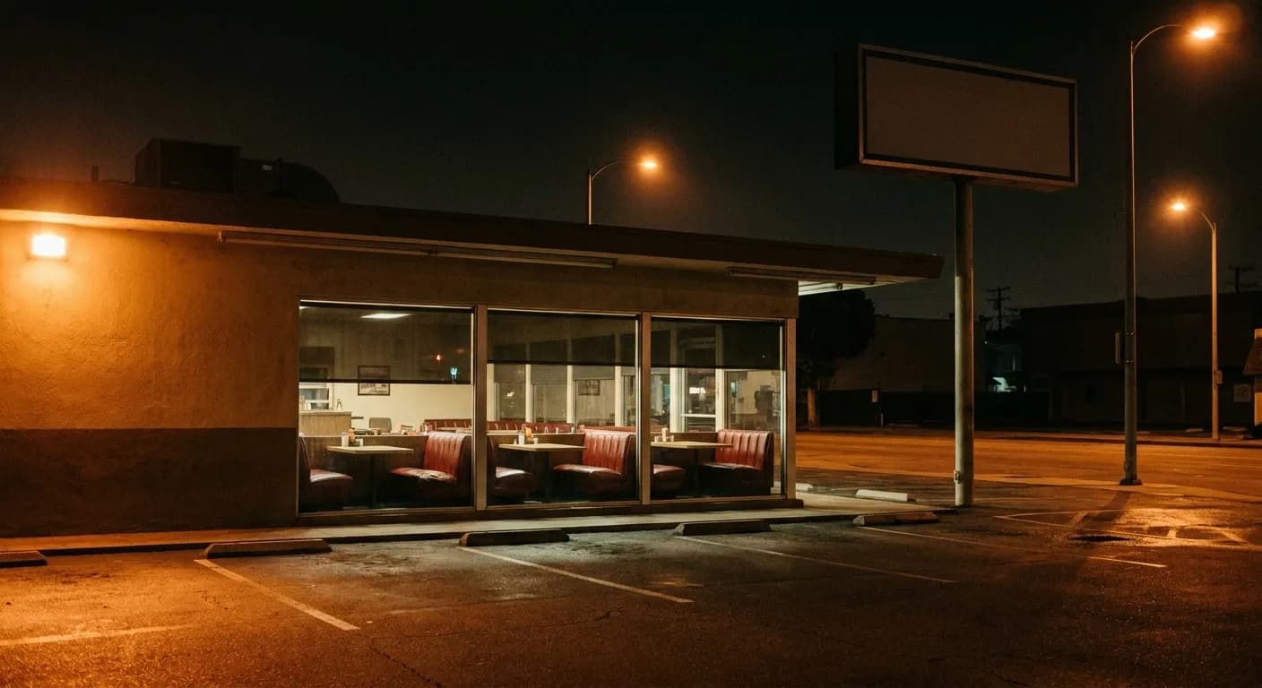 A low-slung Los Angeles restaurant open in the small hours with a wide window of lit booths and a blank unlettered roadside sign on a pole