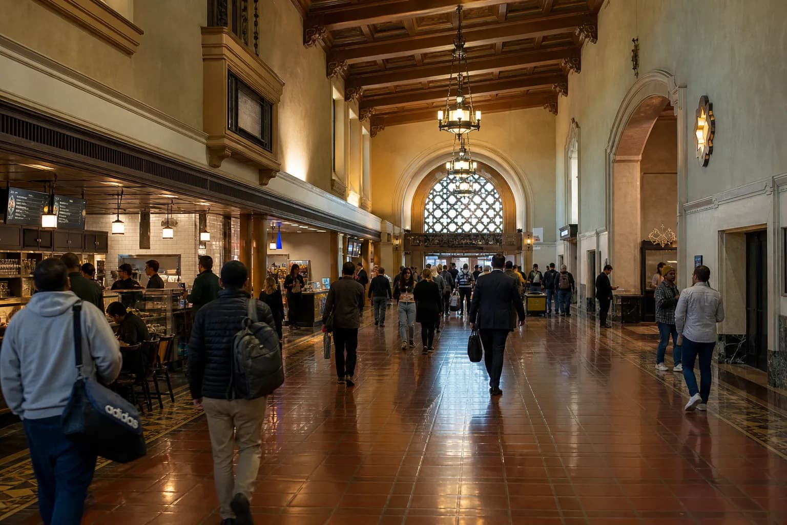 East Passenger Concourse inside historic Union Station with commuters walking past dining options