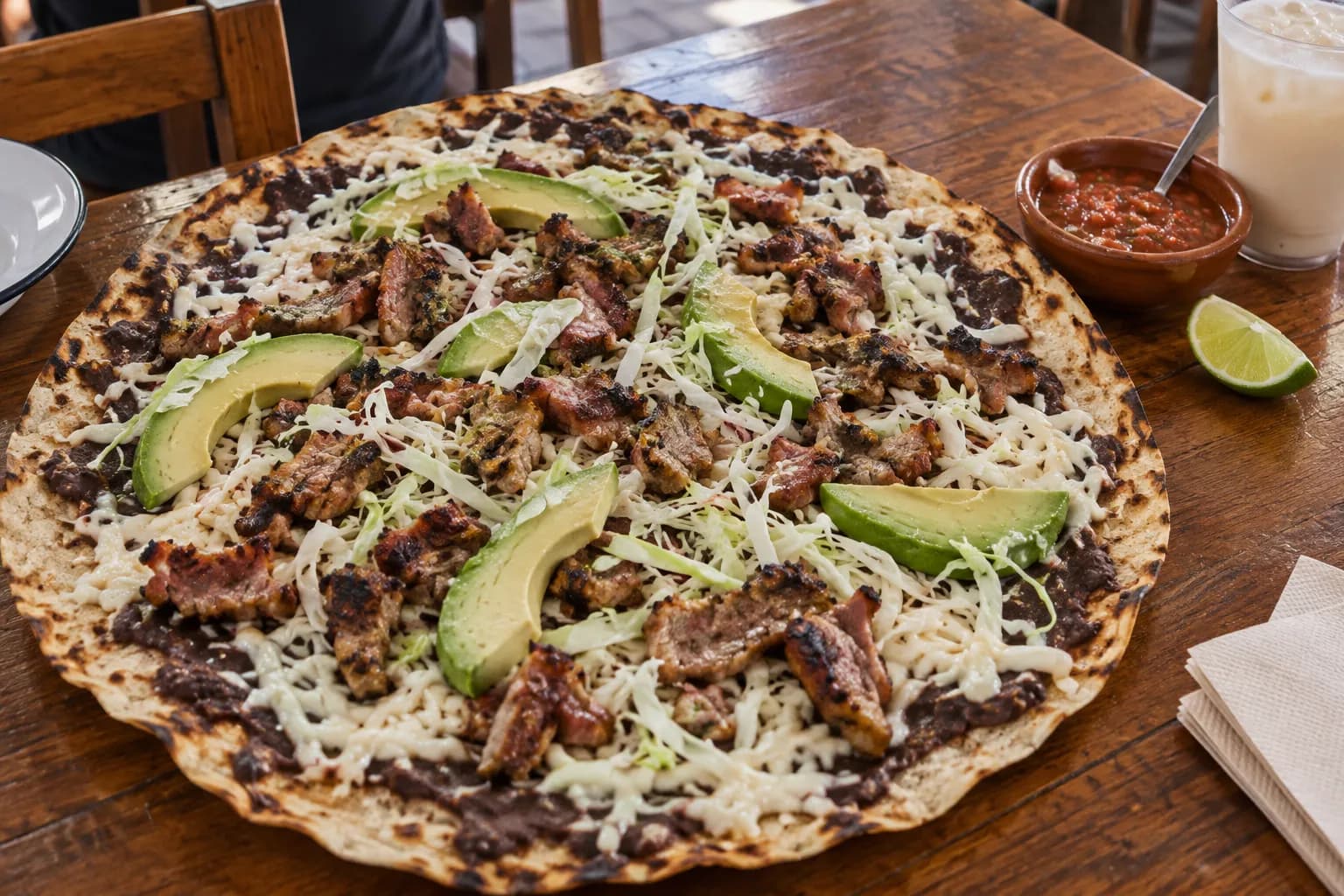 A large crisp tlayuda topped with beans, cheese and cabbage on a communal table