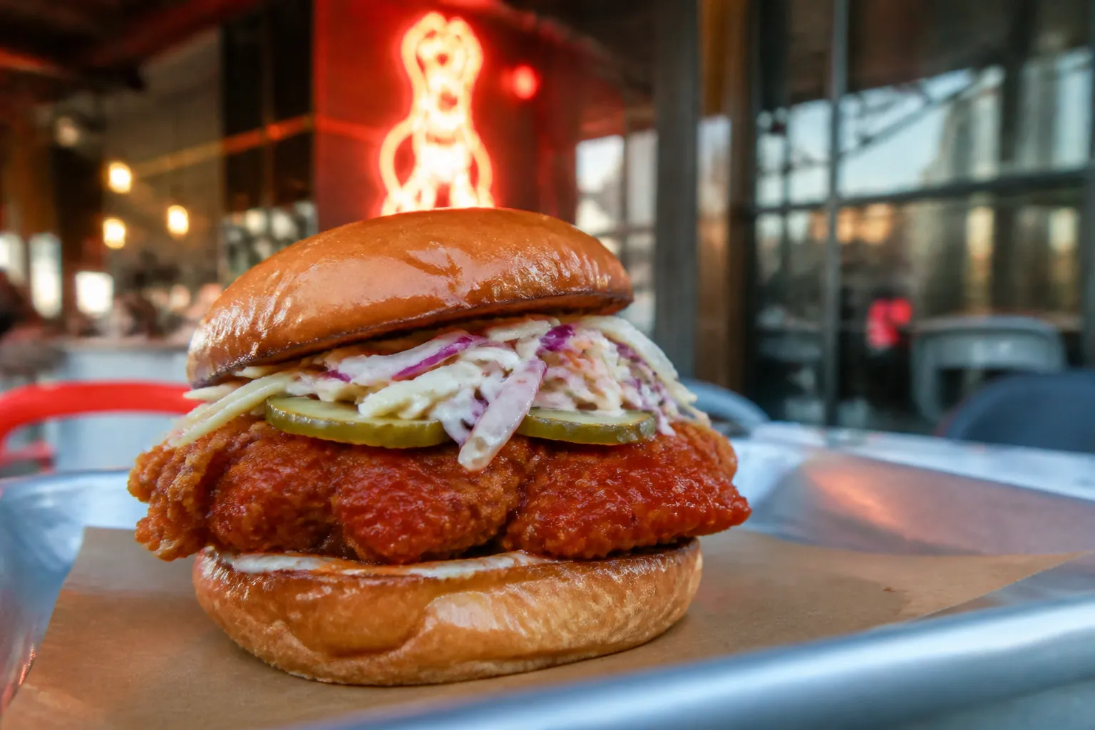 A crispy hot chicken sandwich topped with coleslaw and pickles on a metal serving tray