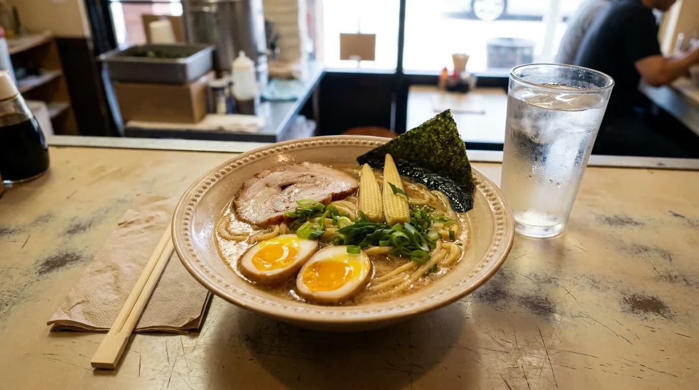 A bowl of rich tonkotsu ramen with braised pork, a halved seasoned egg and nori on a worn counter in a small Los Angeles ramen shop.