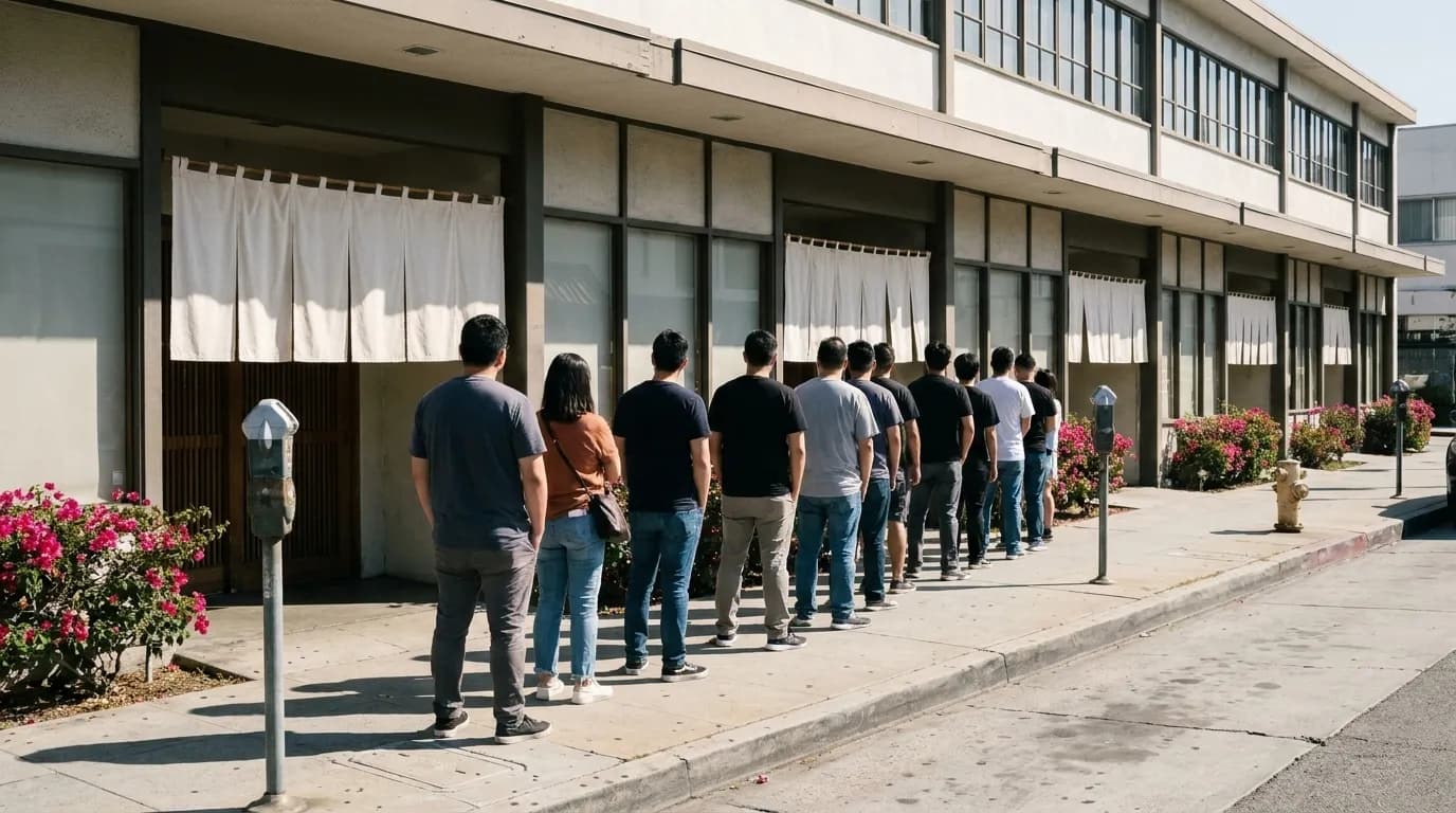 A queue of people waiting single file along the sidewalk outside a storefront with noren curtains on East First Street in Little Tokyo, Los Angeles.
