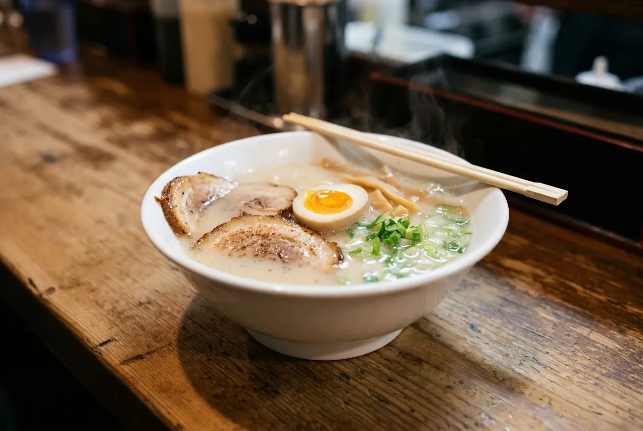 Bowl of tonkotsu ramen with pork belly chashu, marinated egg, bamboo shoots and green onions on wooden counter.