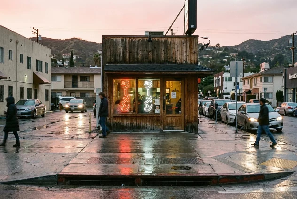 Ramen shop exterior on Sunset Boulevard at dusk with neon signs, wet pavement reflecting lights, Silver Lake hills in background
