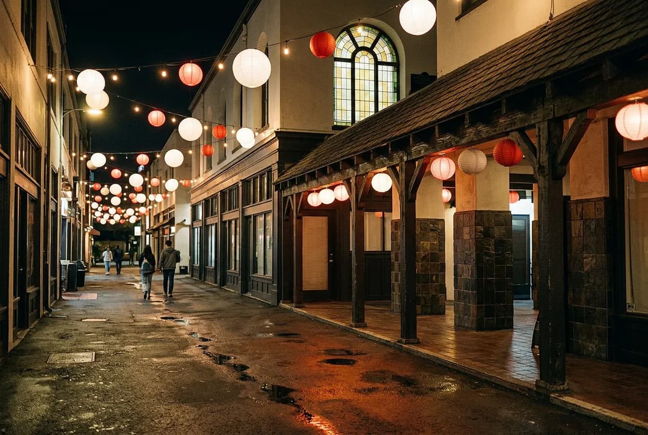 A narrow Little Tokyo street at night with low storefront awnings and string lights over the sidewalk