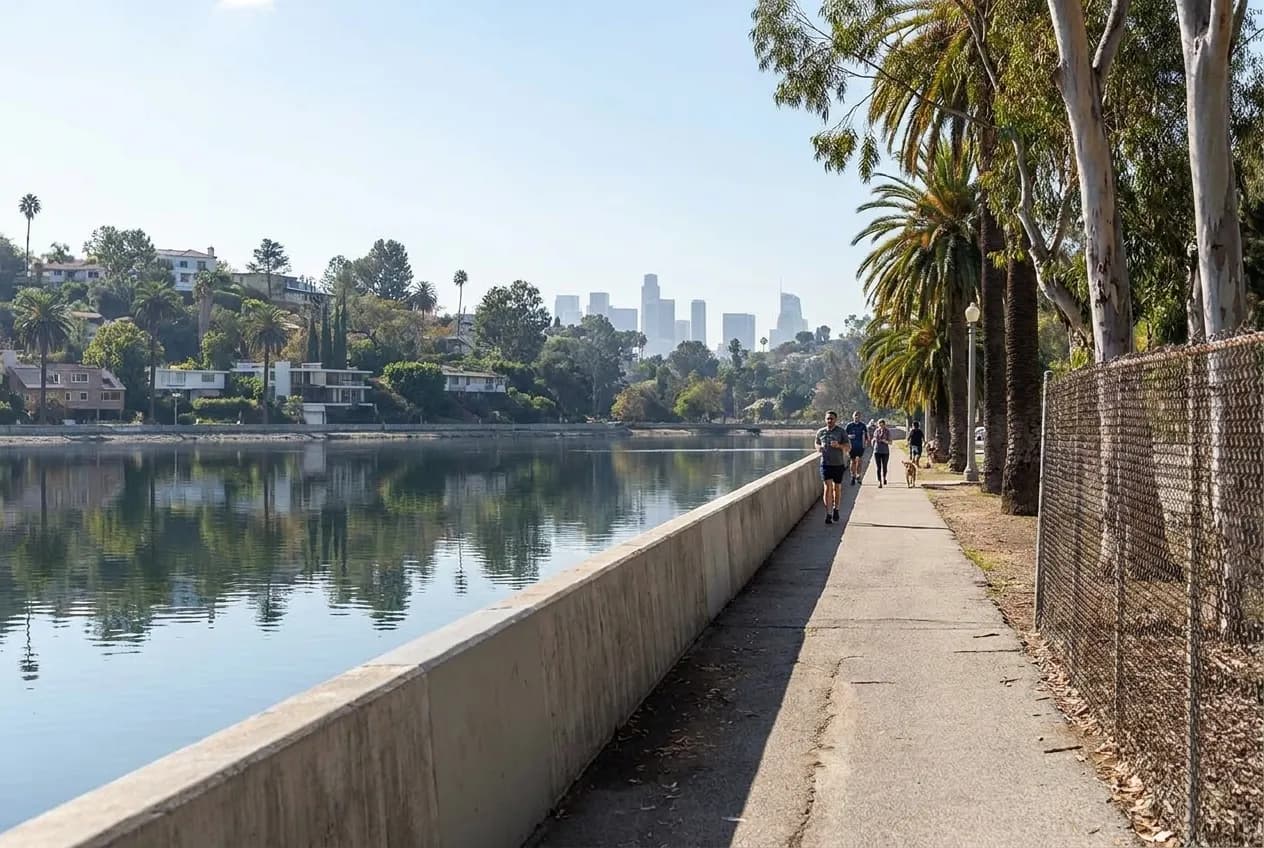 Silver Lake Reservoir walking path in afternoon light, calm water reflecting hills, joggers and palm trees along paved loop