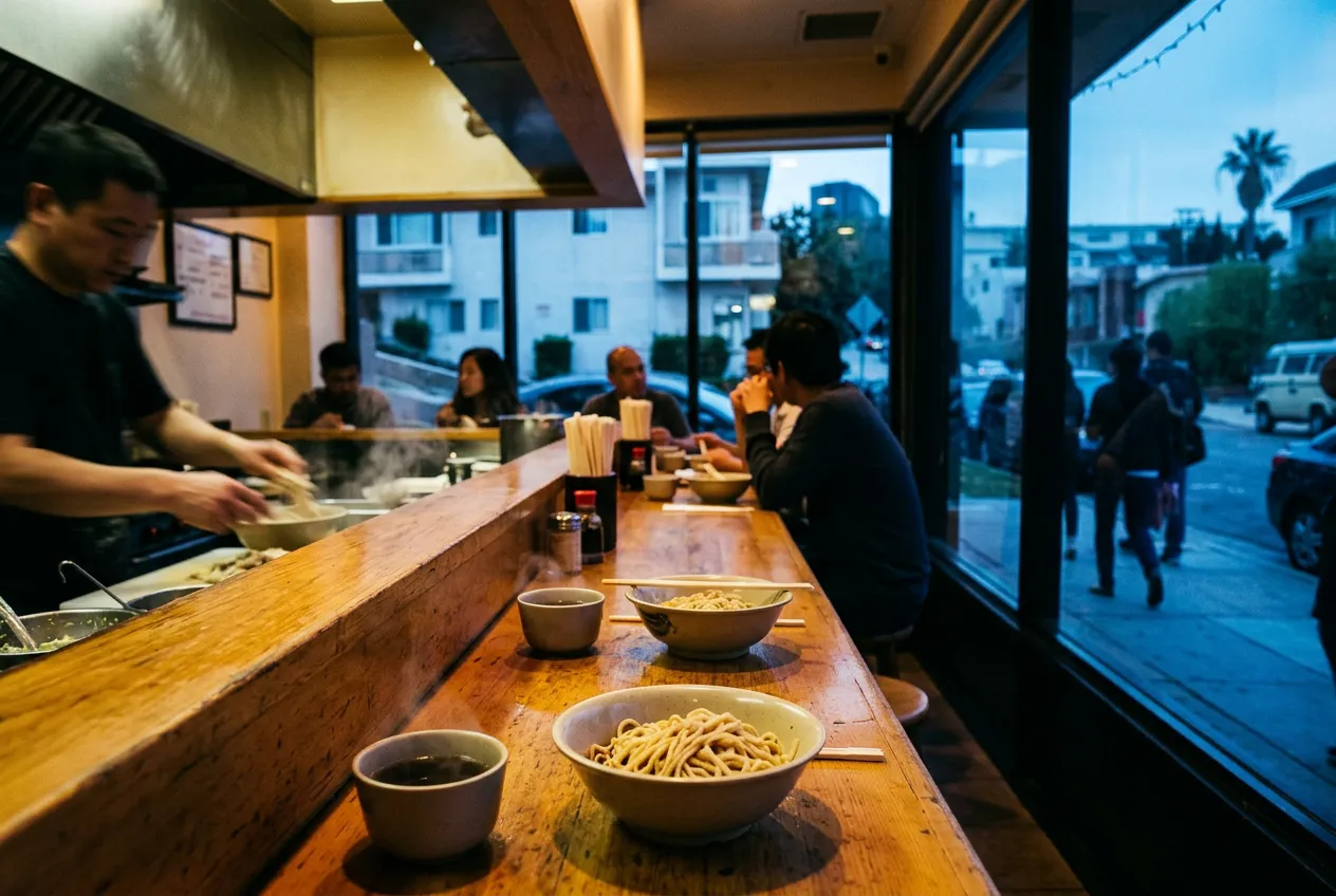 Steam rising over a wooden ramen counter with bowls of noodles and broth, Sawtelle storefront light behind