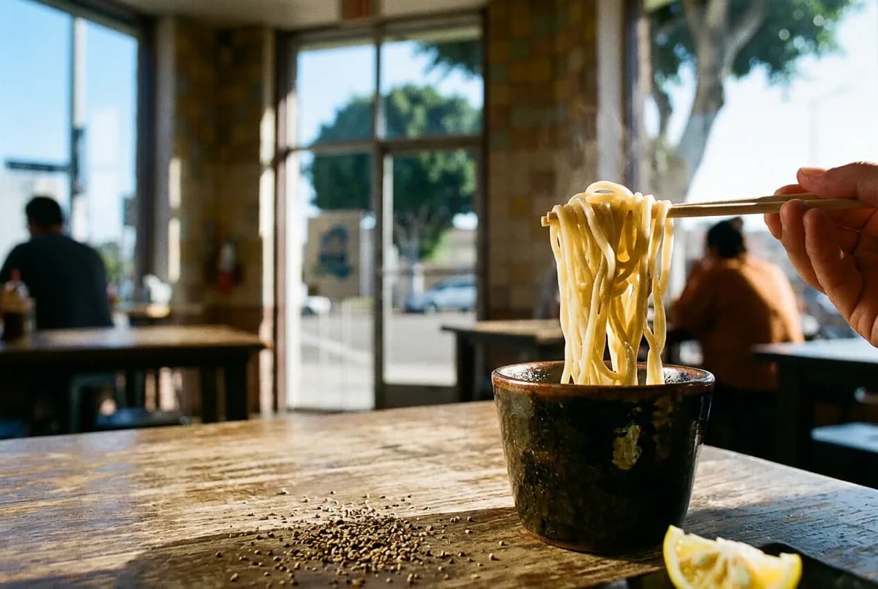 Close-up of thick noodles being lifted from a bowl toward a small cup of concentrated dipping broth