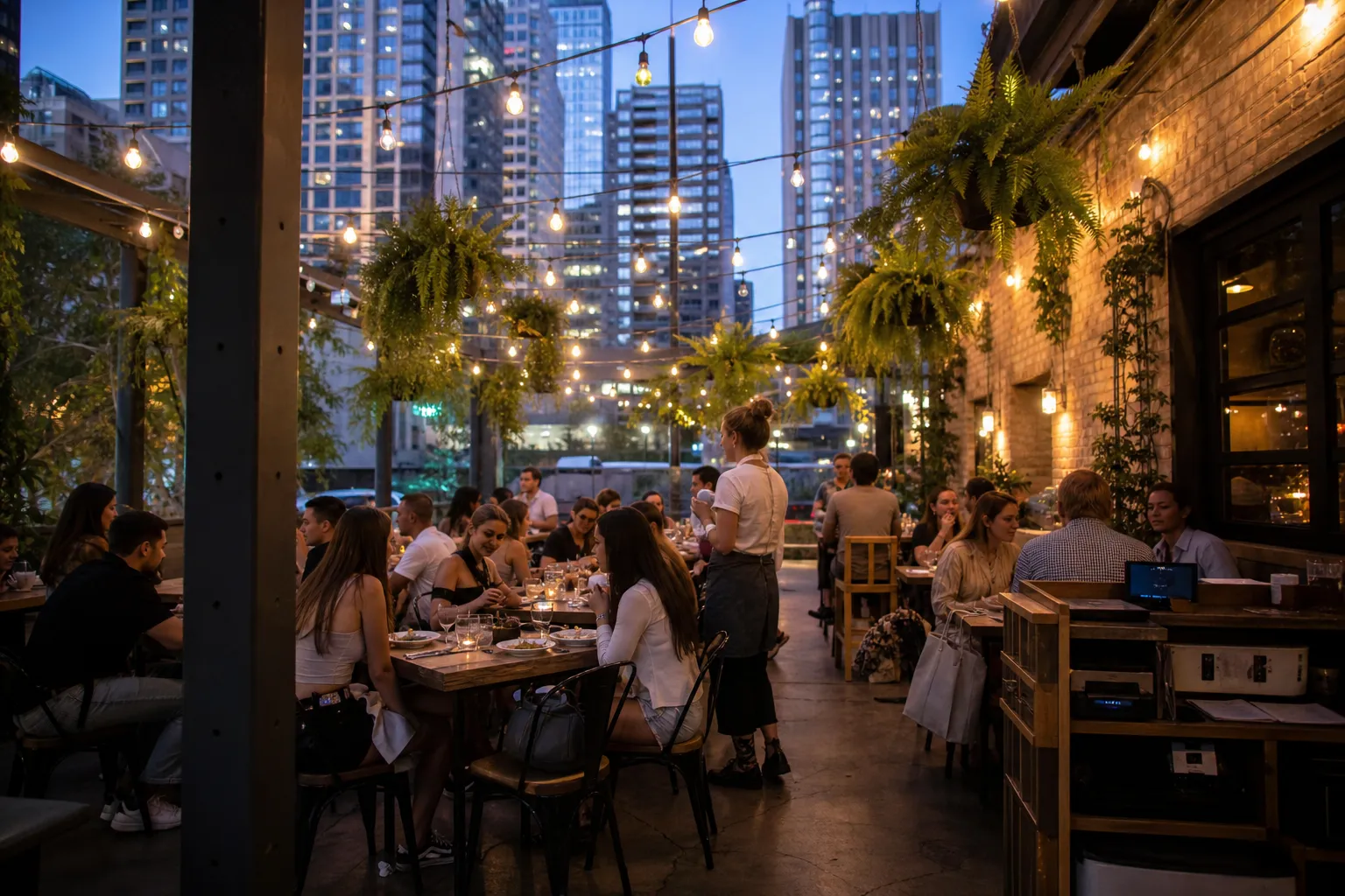 A lush, green outdoor dining patio in Downtown LA illuminated by string lights at dusk.