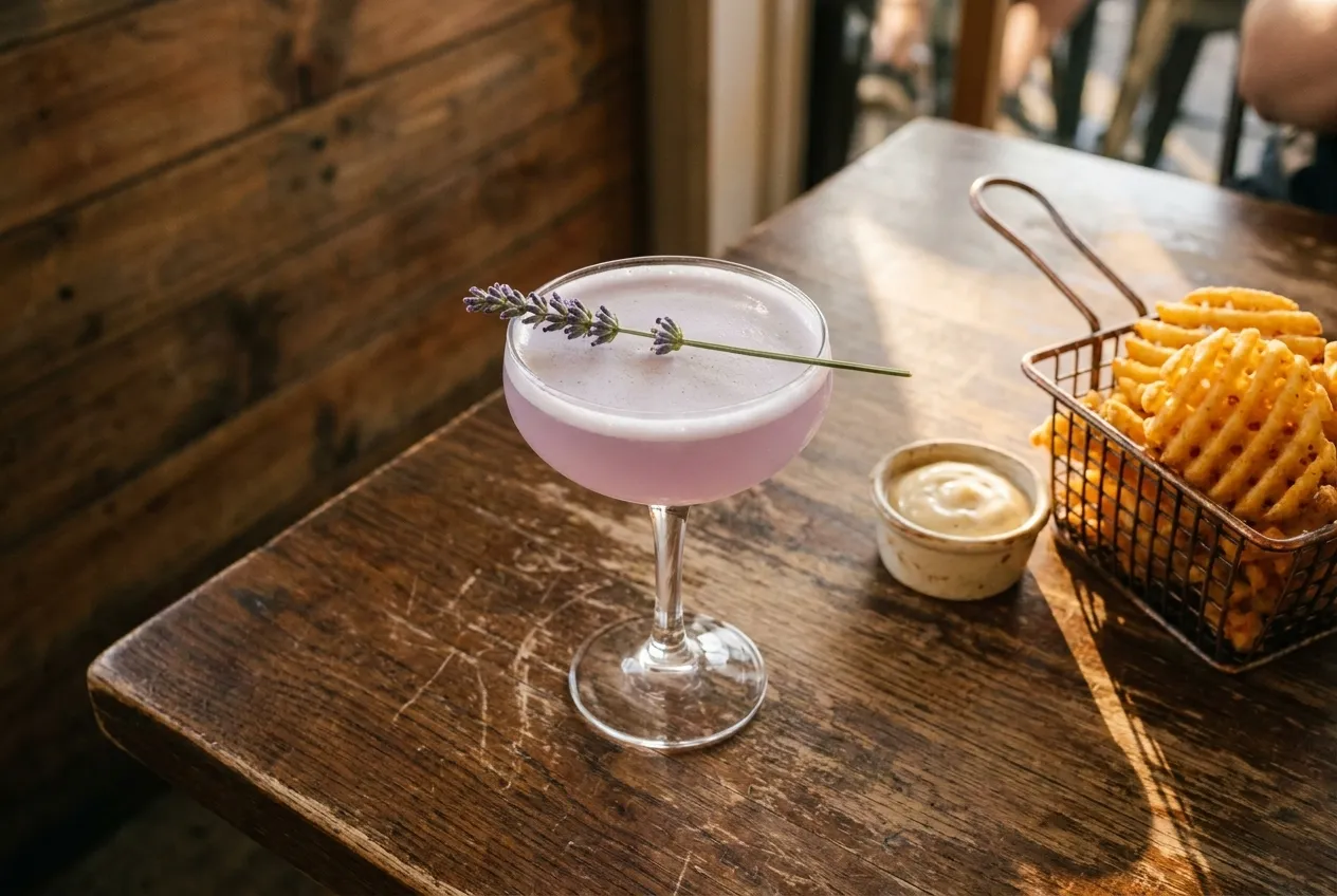 Purple Rain cocktail in coupe glass with lavender garnish on wooden table, waffle fries and aioli in background, afternoon light.