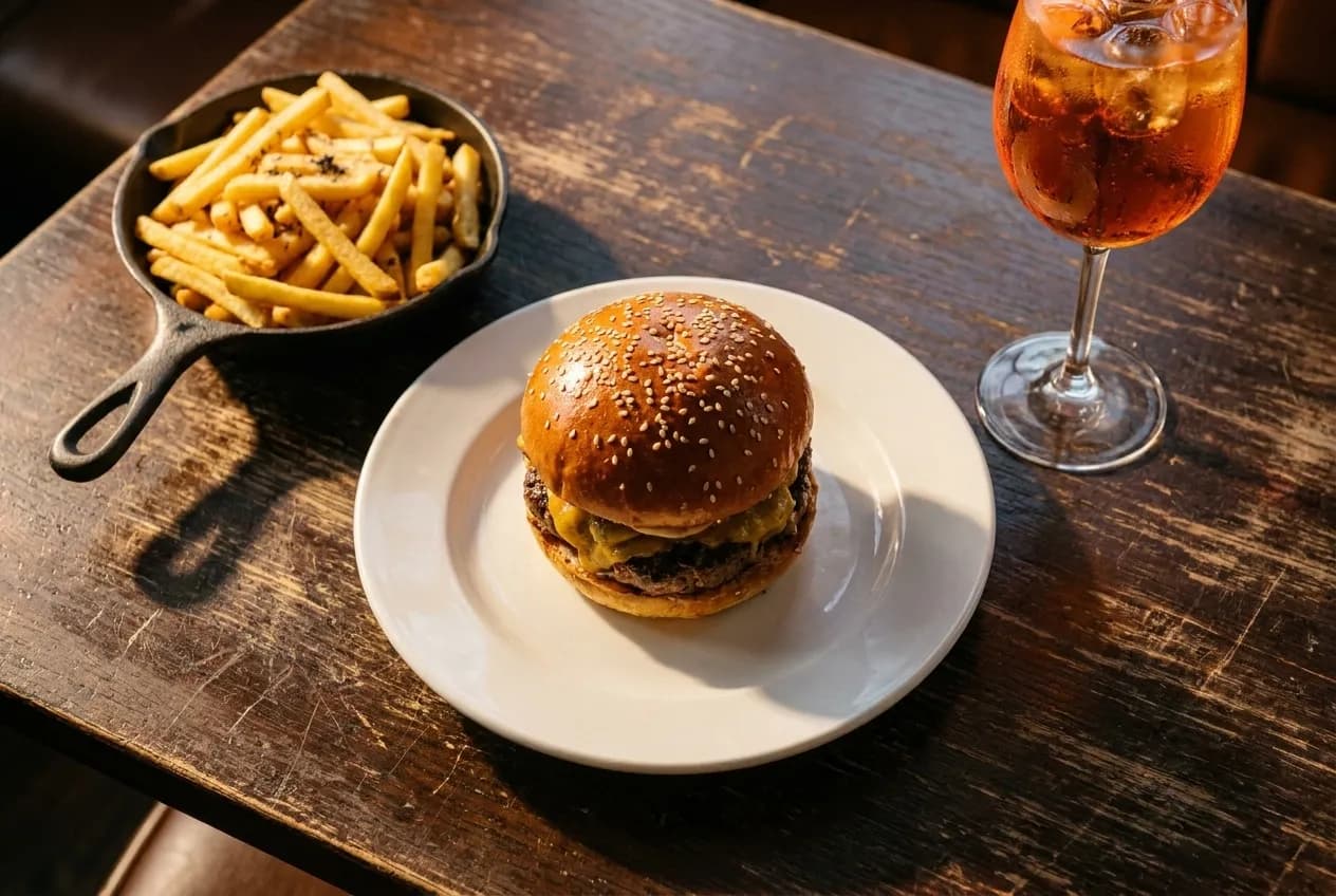 Overhead view of Le Royale Burger on white plate with truffle fries and orange cocktail on dark wooden table under warm light.