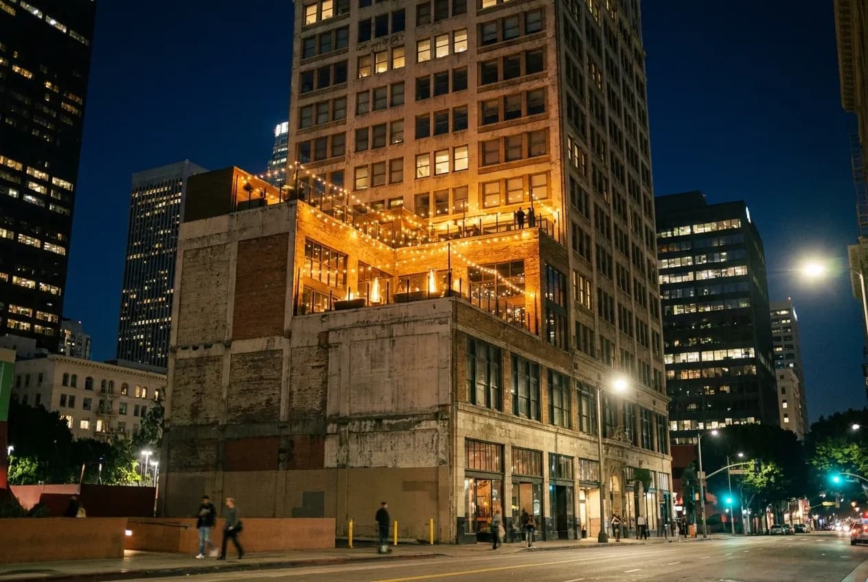 Perch rooftop bar lit at night on upper floors of Downtown LA building with city skyline in background