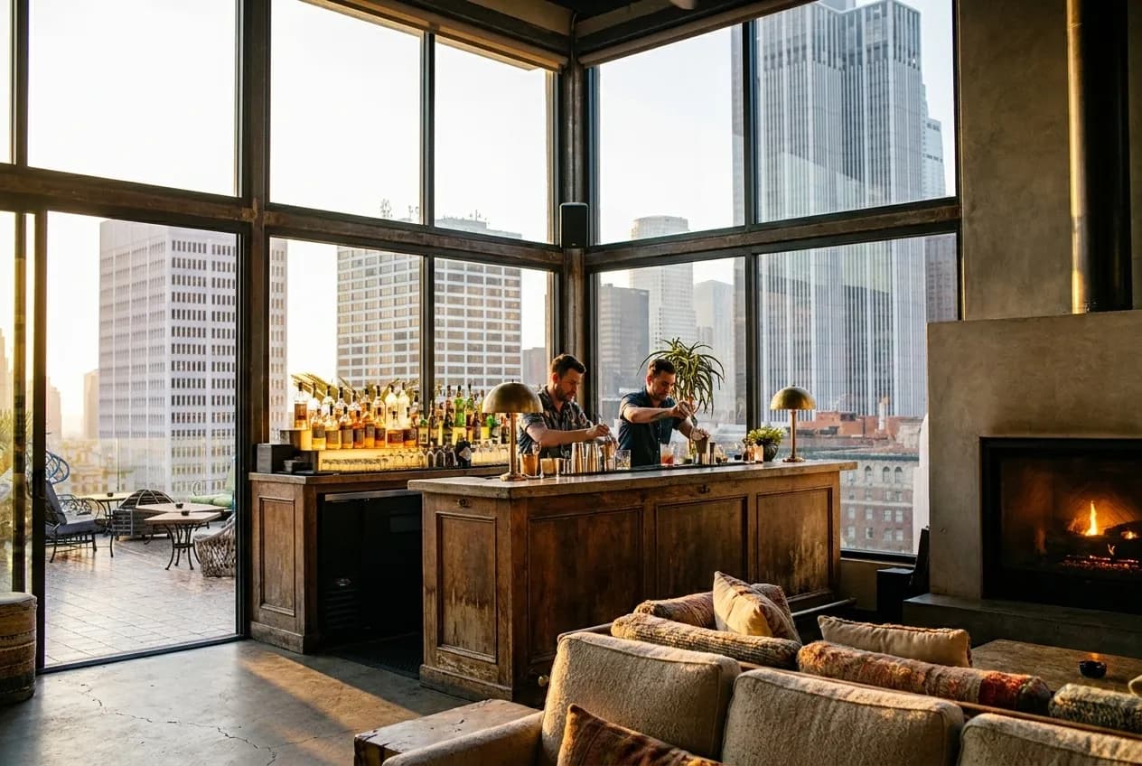 Perch rooftop bar interior with backlit bottles, lounge seating, and Downtown LA skyline through windows at sunset