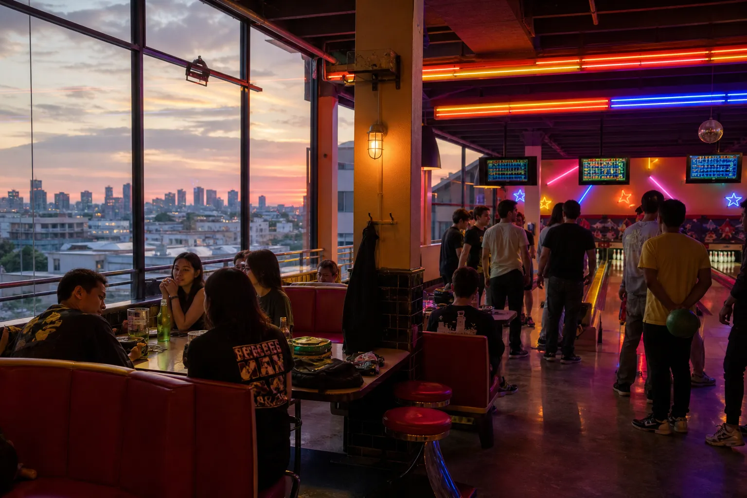 The iconic Los Angeles skyline glowing during golden hour, with the hills of Griffith Park and the high-rises of Koreatown framed by a warm orange sunset.