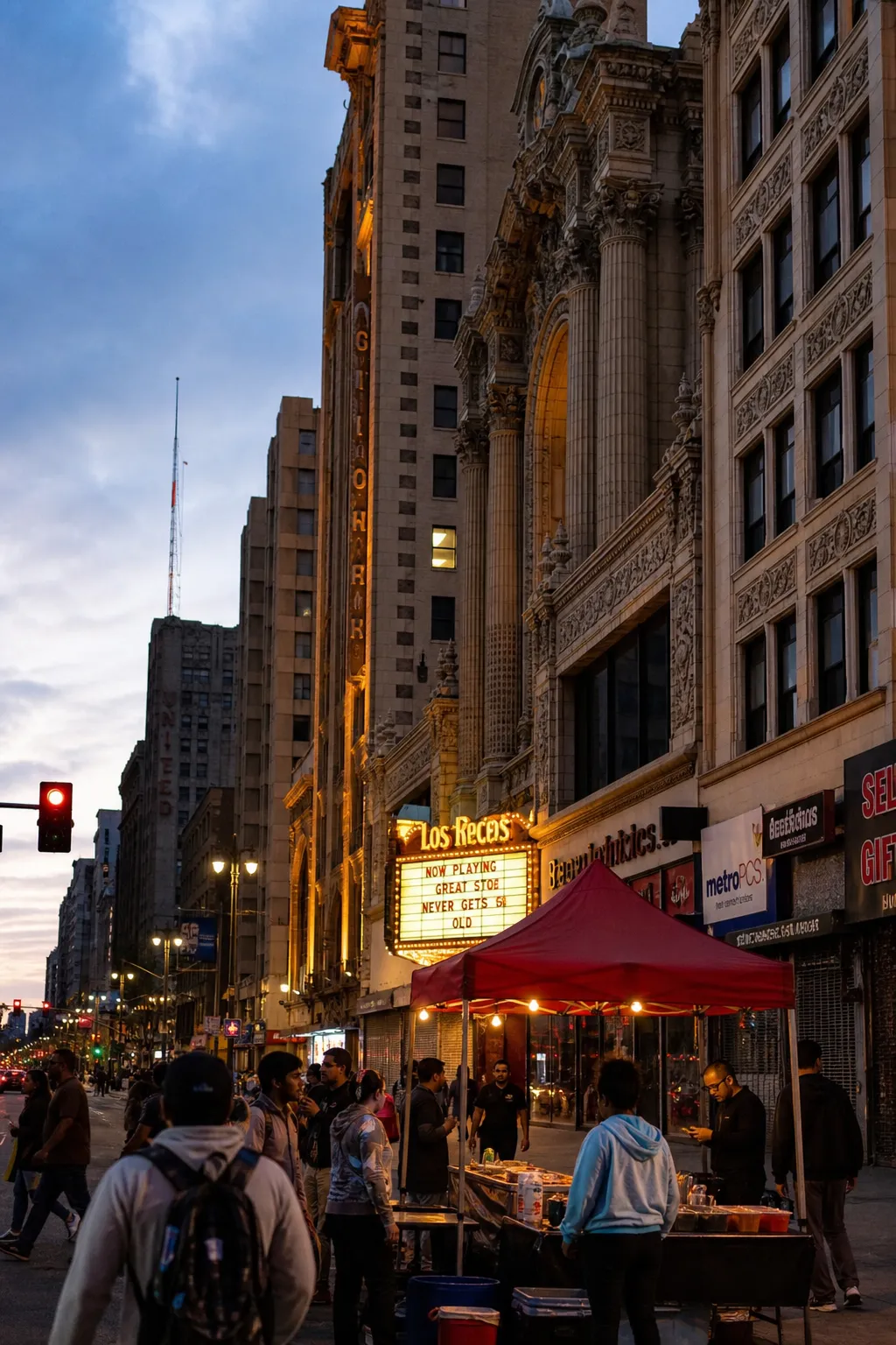 Downtown Los Angeles street scene with historic buildings, storefronts, and taco seekers walking near Broadway at dusk