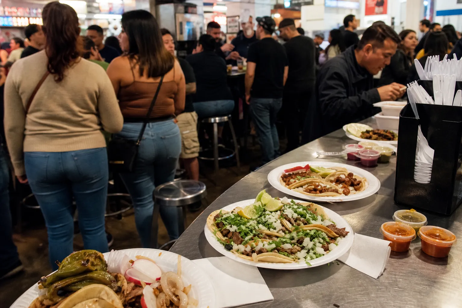 Taco plates and salsa cups at a busy Grand Central Market counter in Downtown Los Angeles