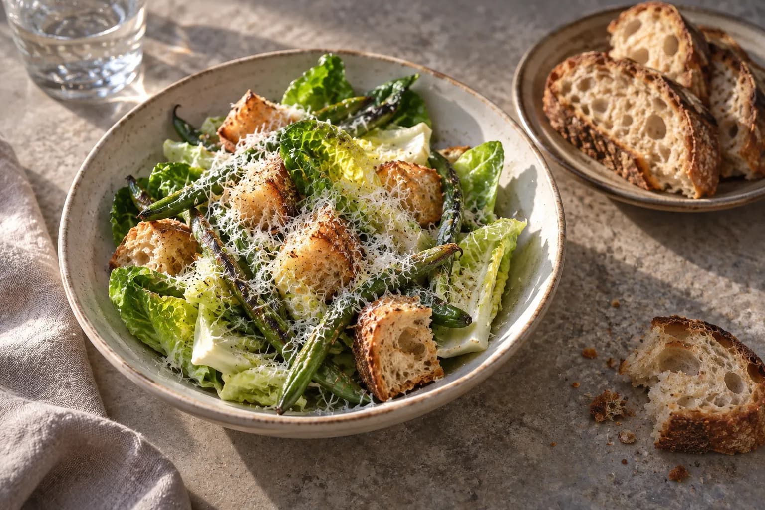 A shallow plate of chopped green leaves, romano beans and pale croutons sits beside sliced rustic breads and small dishes of spreads on a simple dining table.