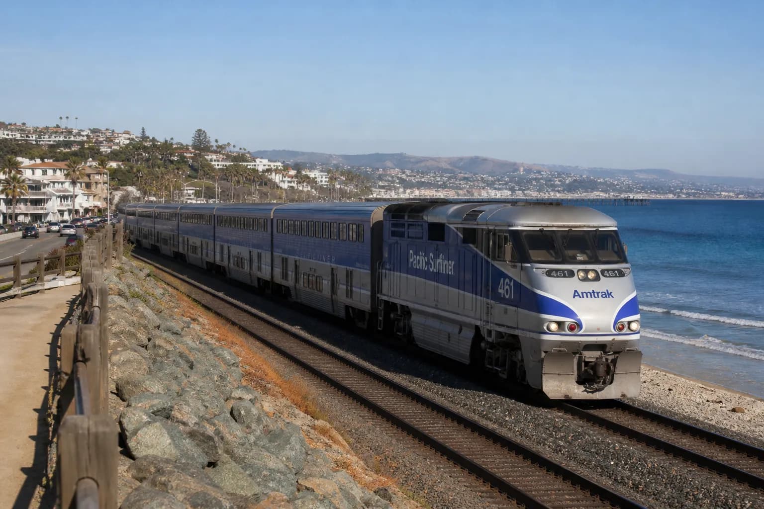 The Amtrak Pacific Surfliner train winding along the scenic Southern California coastline en route to San Diego from Los Angeles.