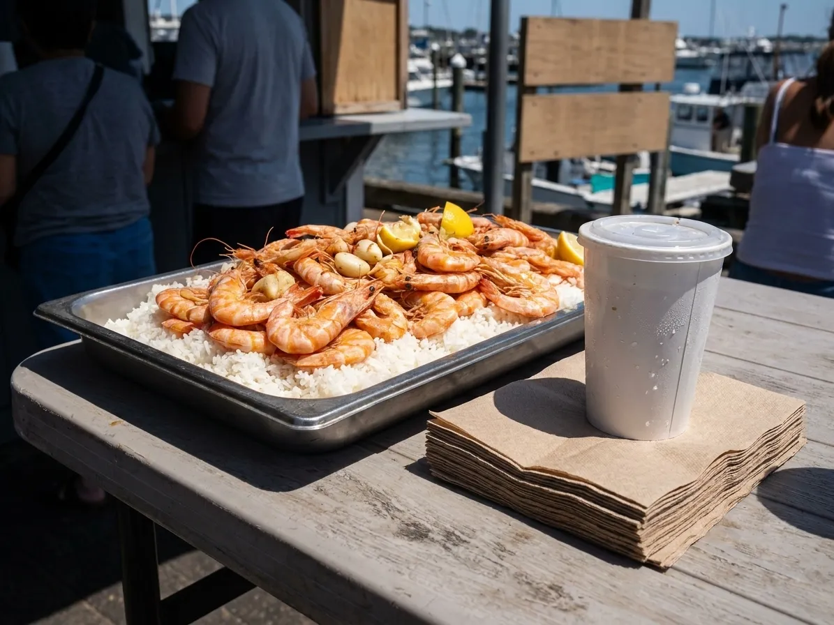 A steel tray heaped with steamed shrimp, garlic and lemon over rice on a plastic table at an open-air harbourside counter in hard midday sun