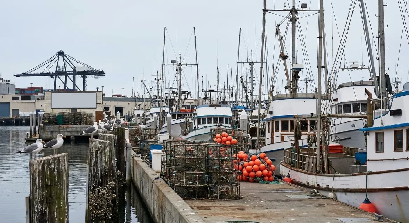 A Los Angeles harbour fishing landing in the morning with commercial boats moored along a concrete wharf and stacked crab traps on the dock