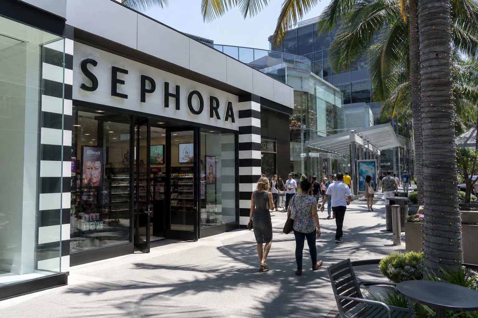 Wide view of the modern, open-air Westfield Century City shopping center in Los Angeles on a bright sunny day