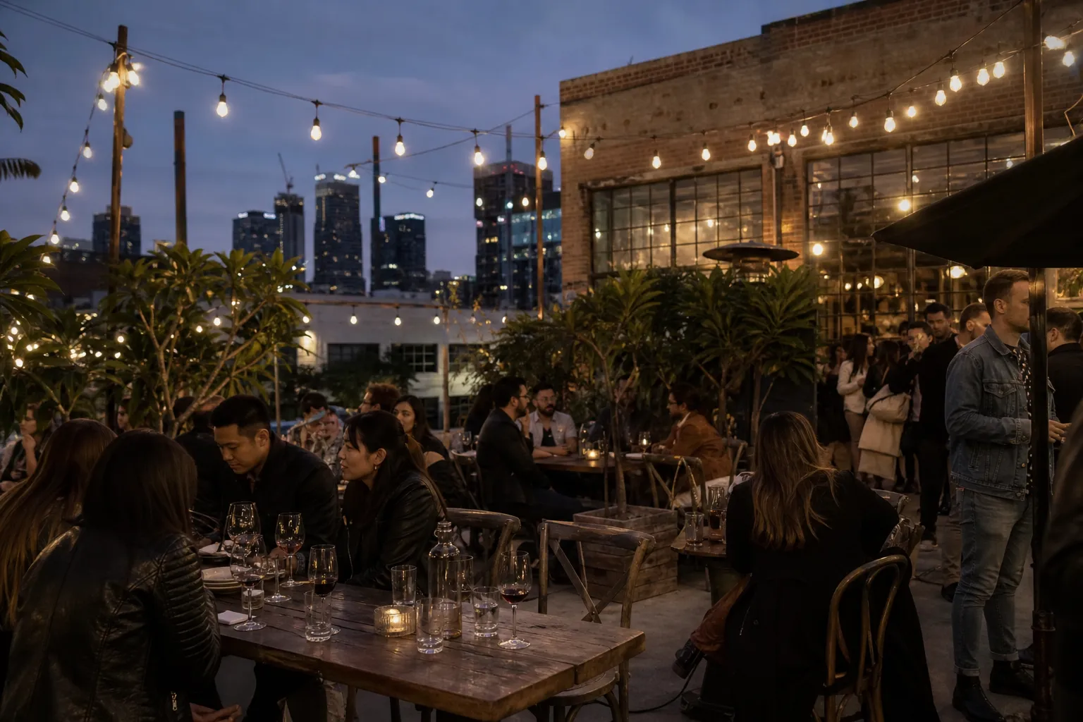 A vibrant, string-lit outdoor patio in the LA Arts District filled with patrons enjoying wine at night