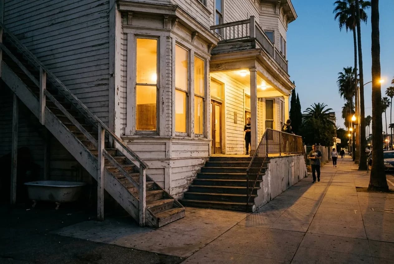 Weathered Victorian hotel building at dusk with peeling paint, clawfoot bathtub visible under front staircase, warm window light, palm trees against evening sky in Hollywood