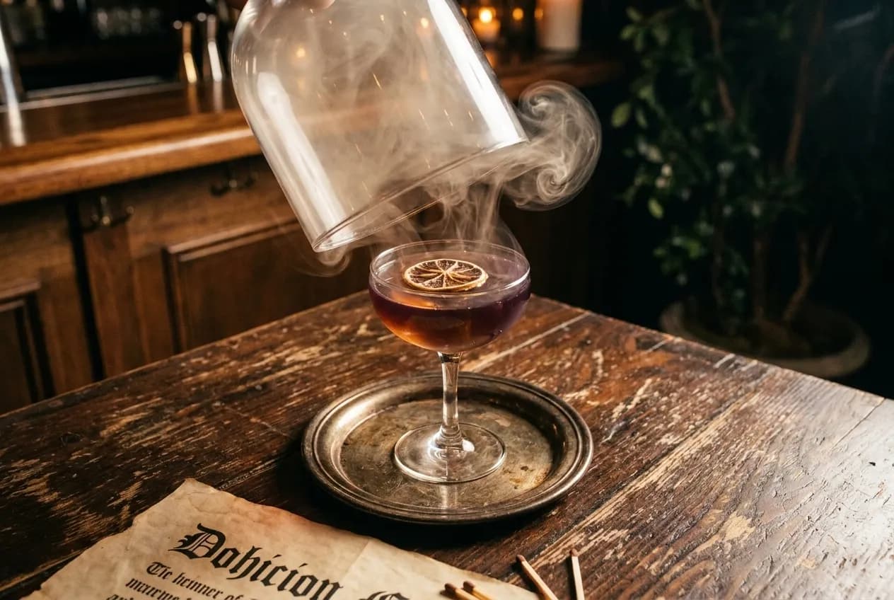 Overhead view of mezcal cocktail under glass cloche with smoke, amber-purple liquid in coupe glass, parchment menu visible on dark wood table