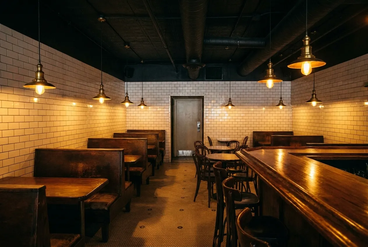 Dimly-lit speakeasy interior with wooden booths, white tile walls, vintage lamps, and empty cafe chairs in Downtown Los Angeles.