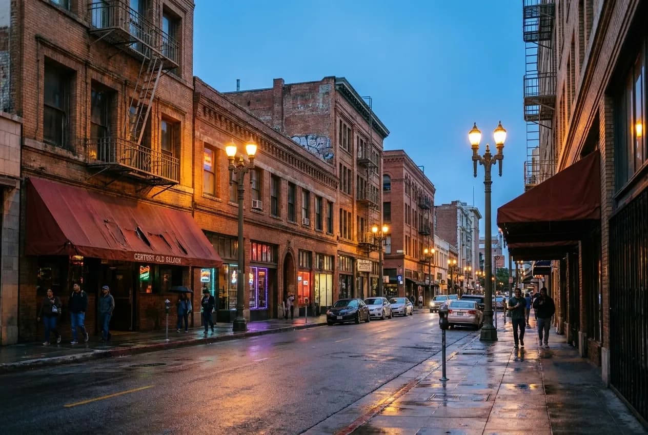 6th Street in Downtown Los Angeles at dusk, showing historic brick buildings, neon signs, wet pavement, and a red awning over a saloon entrance.