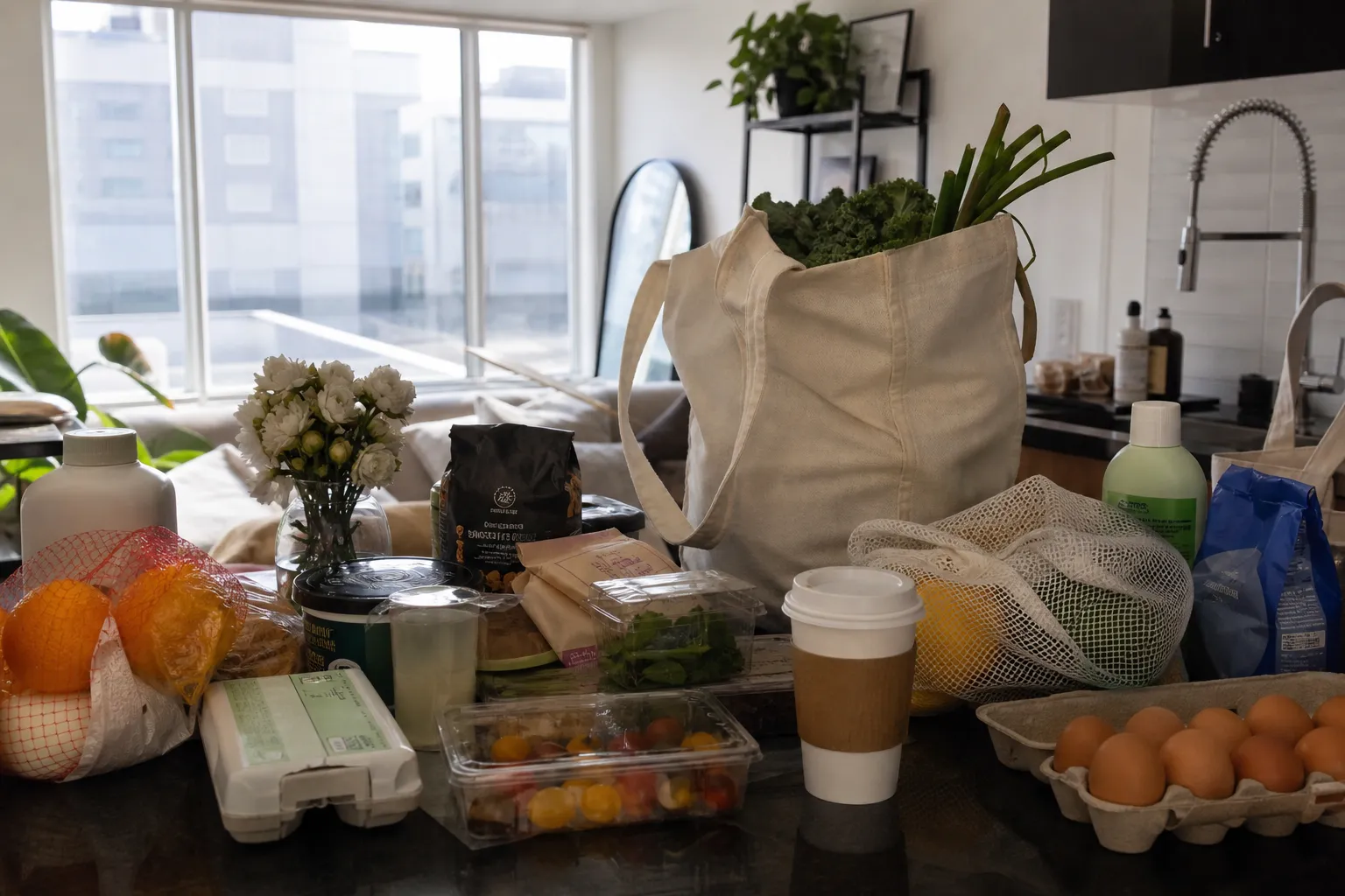 Target groceries, toiletries, coffee, and household basics arranged on a Los Angeles kitchen counter