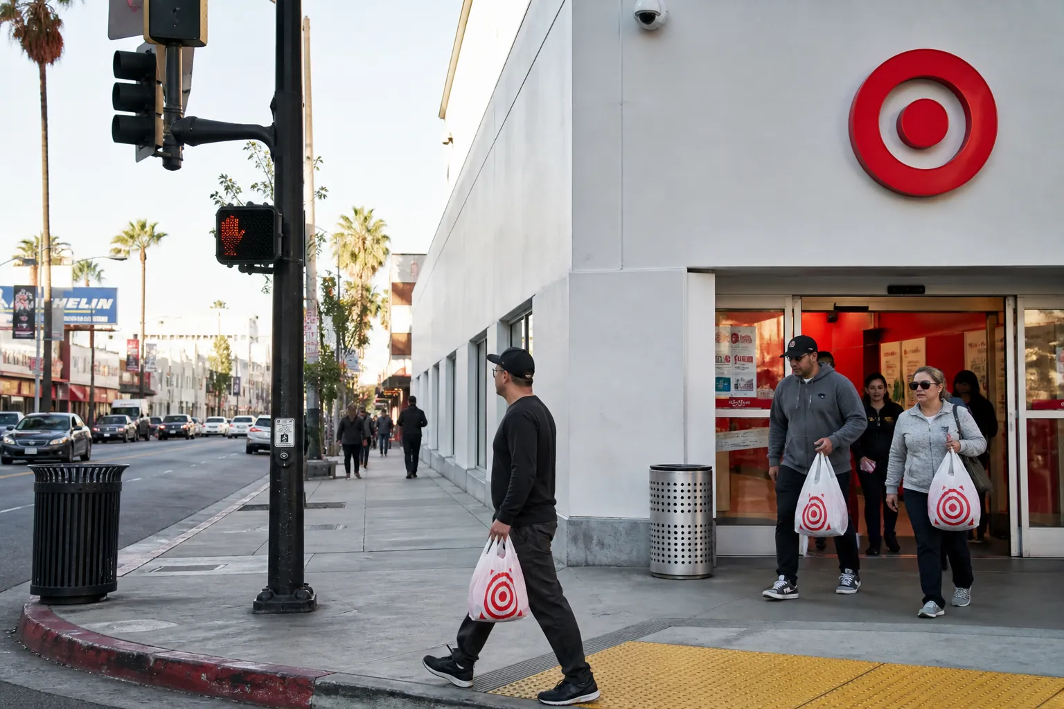 Shoppers leaving an urban Target storefront in Hollywood or West Hollywood