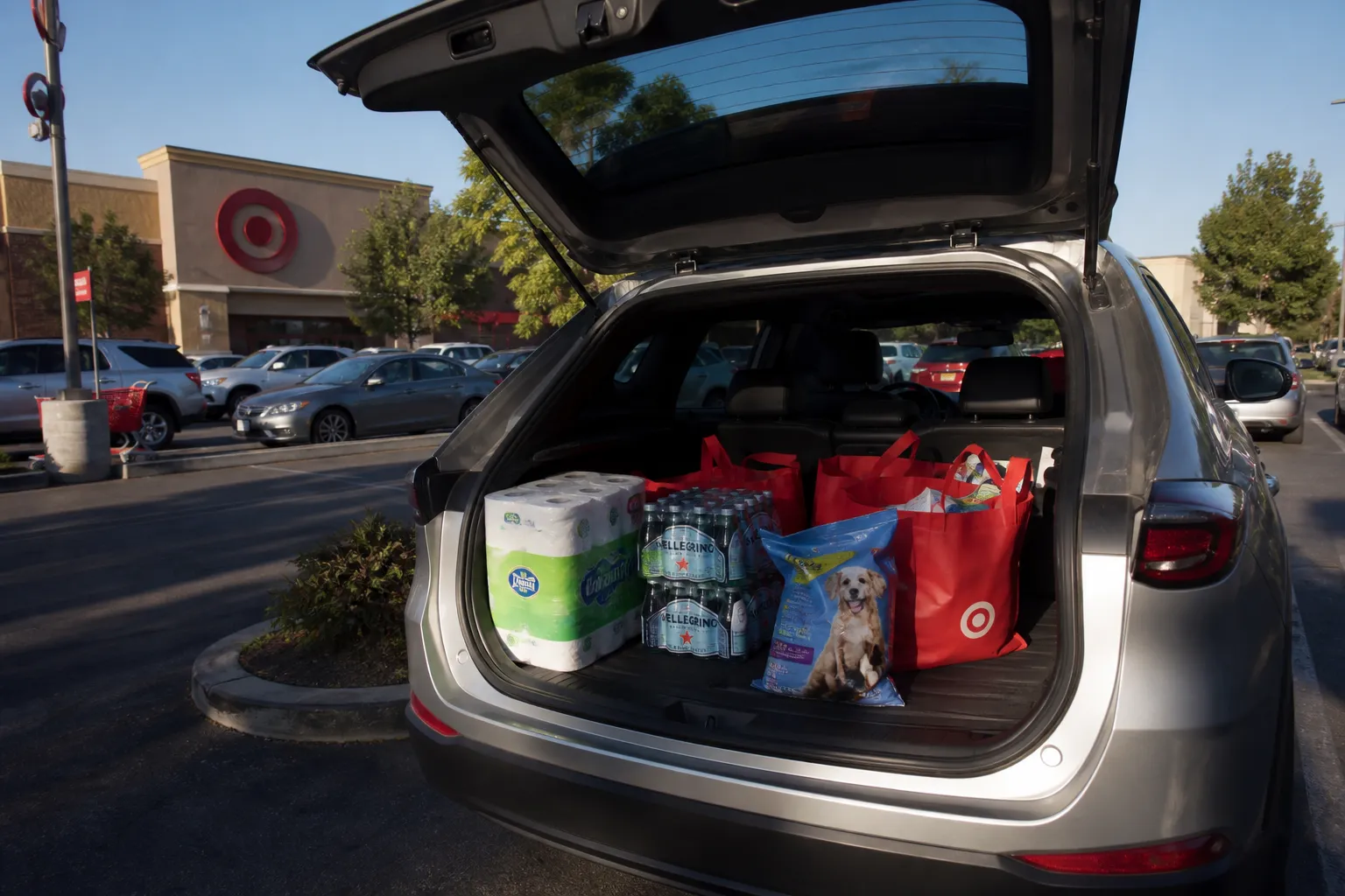 Car trunk loaded with bulky Target pickup items in a San Fernando Valley parking area