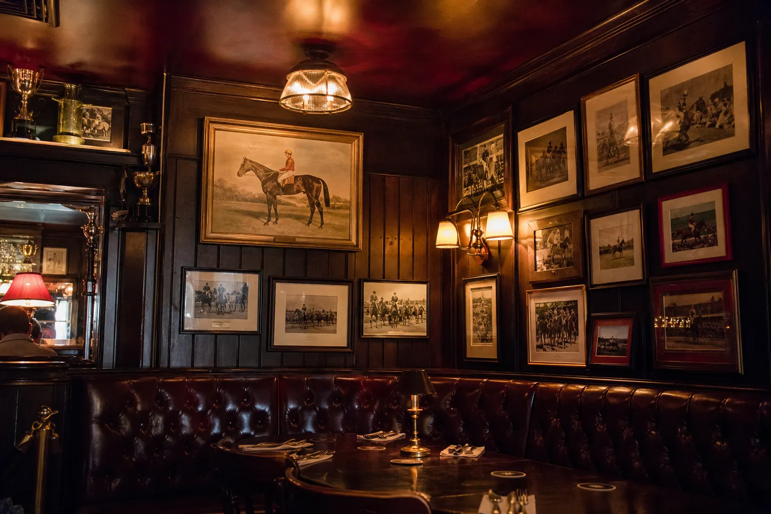Vintage leather booth and historic racing memorabilia inside The Derby steakhouse