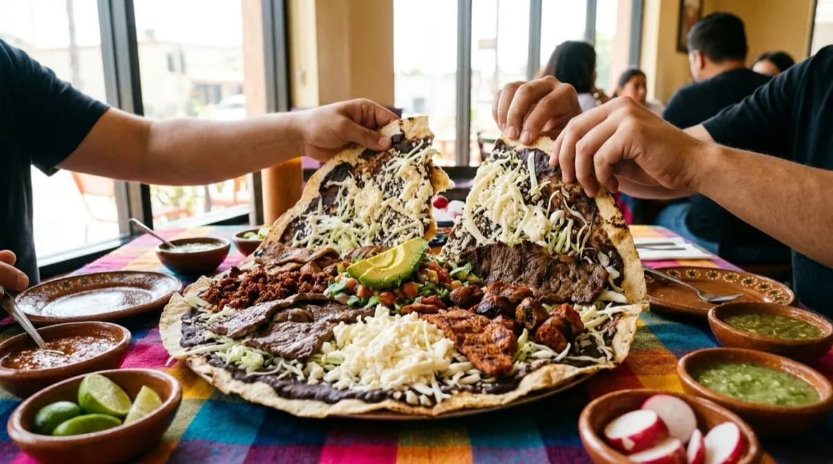 Large Oaxacan tlayuda topped with beans, quesillo, and meat on a traditional comal