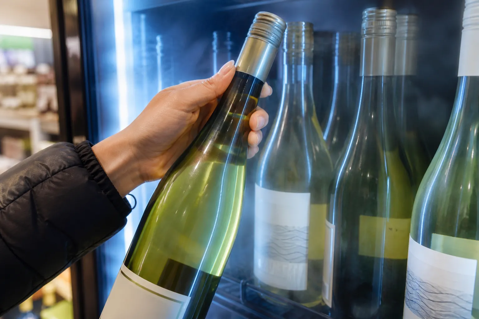 Cold white wine bottles stored in a refrigerated cooler display case.