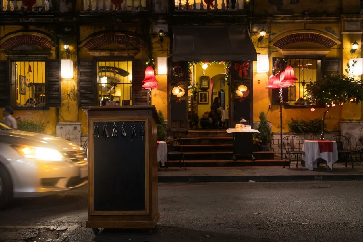 The entrance of a Los Angeles restaurant at night with a small canopy, a valet podium holding a blank board and a row of keys on hooks
