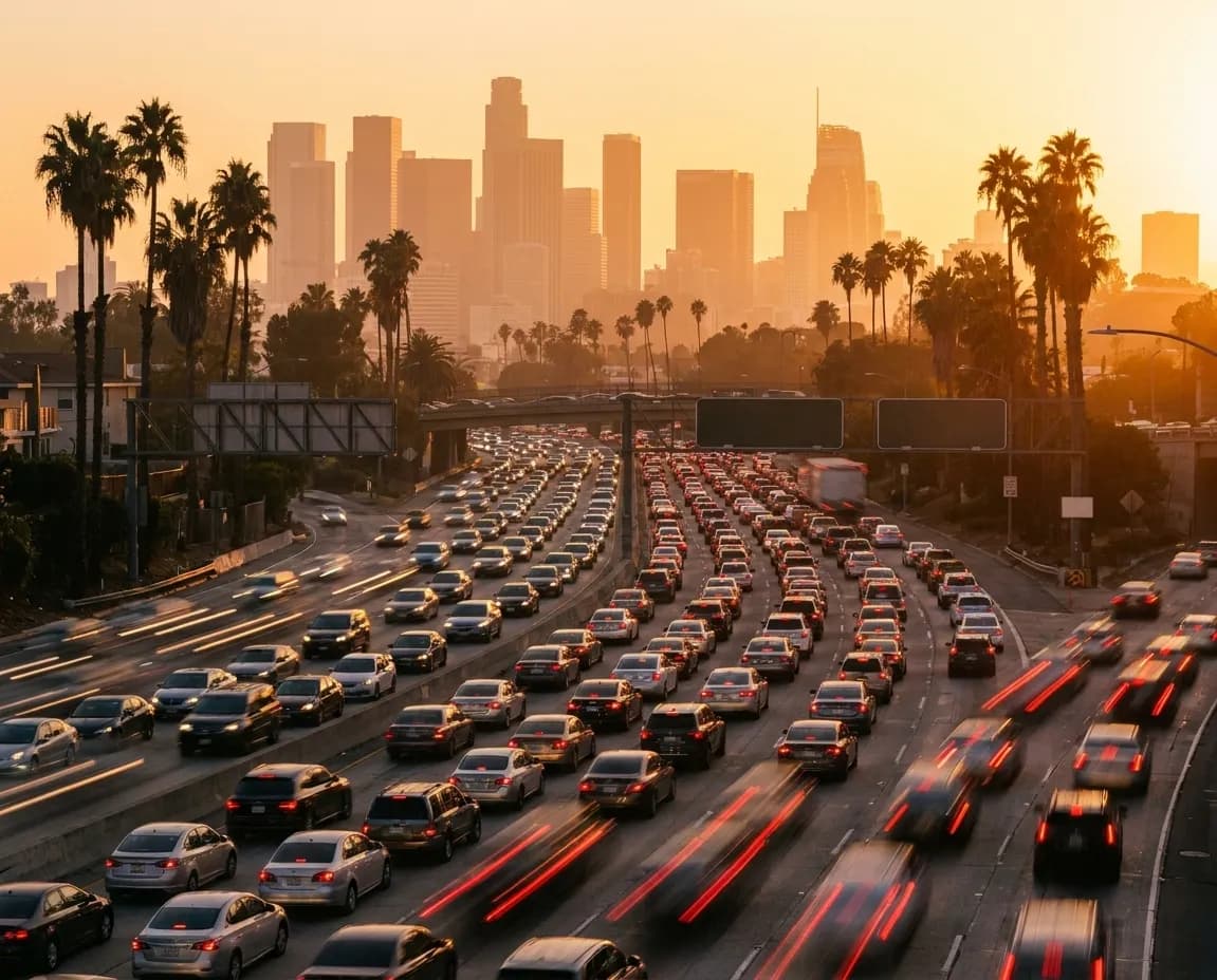 A Los Angeles freeway at golden hour seen from an overpass with six lanes of stacked traffic and downtown towers in orange haze