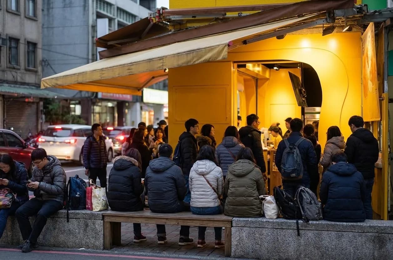 People waiting on a pavement outside a restaurant at dusk beside a bench and a low wall with a doorway spilling warm light