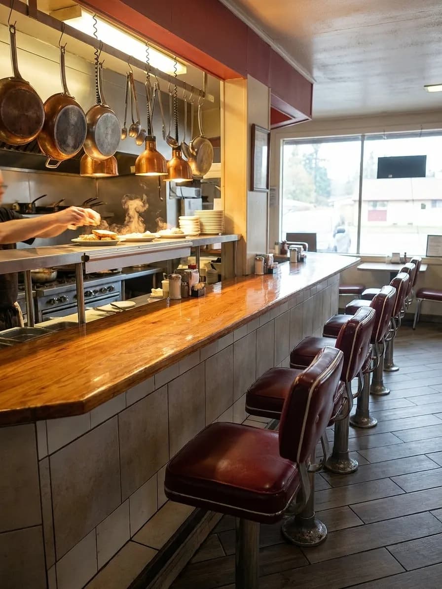 A long restaurant counter with a row of empty stools and a view into an open kitchen with a pass shelf and hanging pans