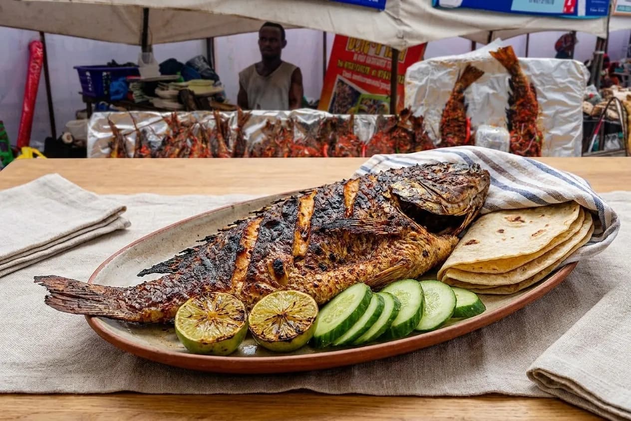 A whole char-grilled fish split open butterfly-style on a large oval platter with charred lime, cucumber and a cloth of warm tortillas