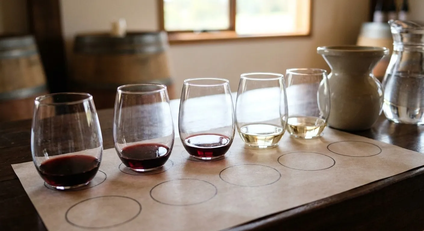 A row of five wine glasses on a paper tasting mat with a spit bucket and a water jug at the end of the row