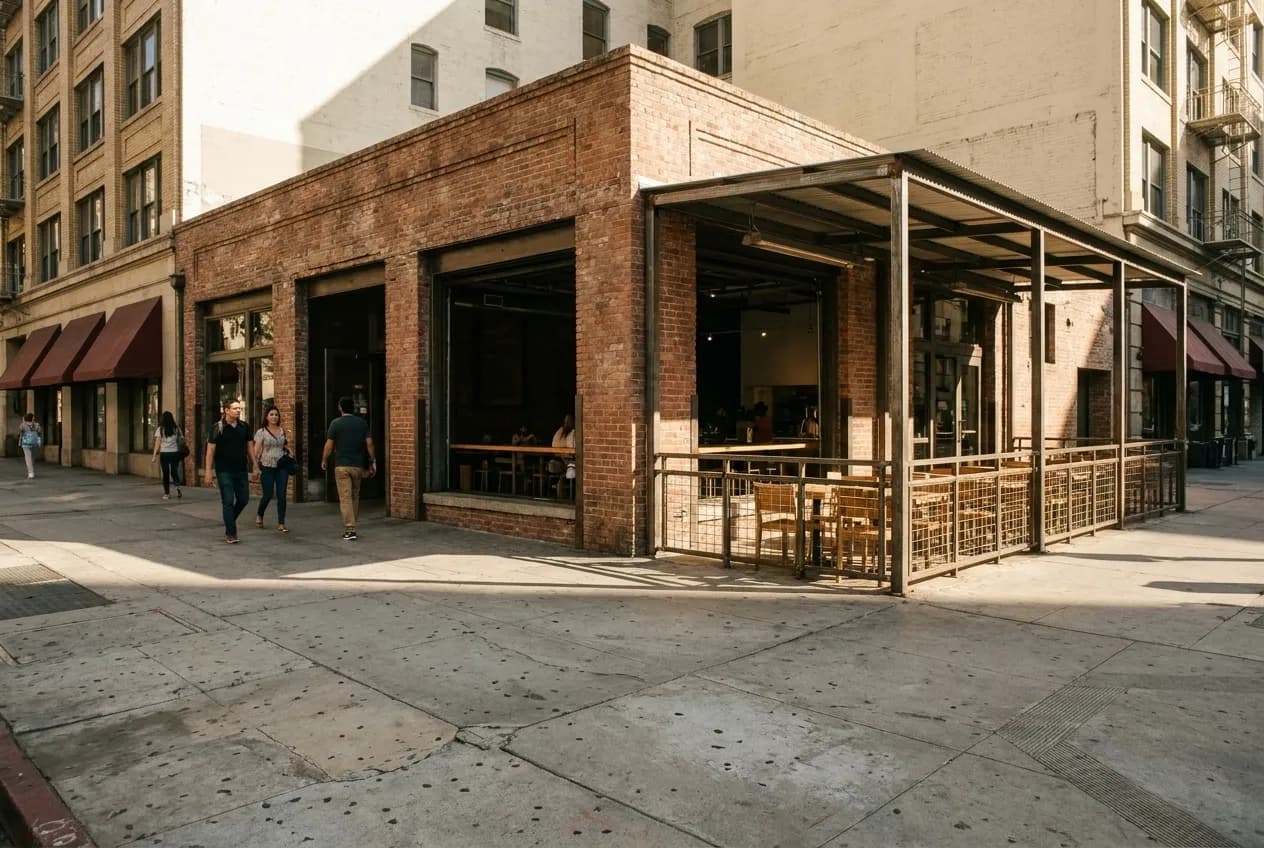 Wide sidewalk view of a brick cafe building with open front and sheltered outdoor seating area on Spring Street in Downtown Los Angeles