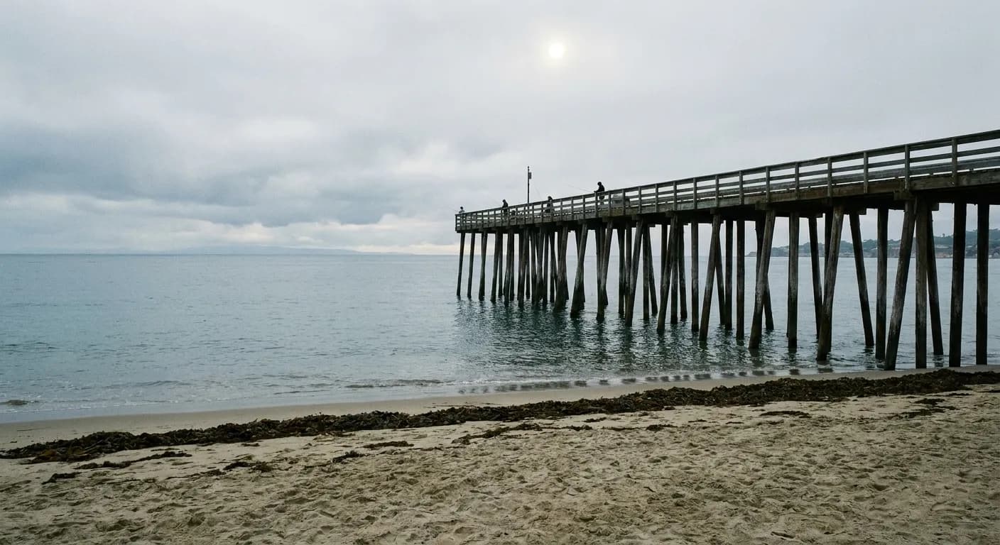 A Southern California beach pier seen from the sand at mid-morning, weathered timber pilings running out into flat grey-blue water under June-gloom light with kelp along the tide line